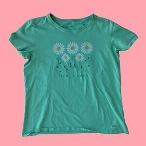 Life Is Good Green T-Shirt with Daisies, Large